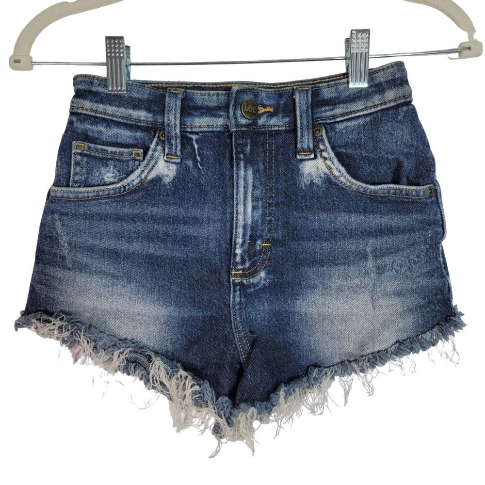 Lee High Rise Cut Off Shorts 24 Lightly Distressed Dark Wash Pockets Stretch